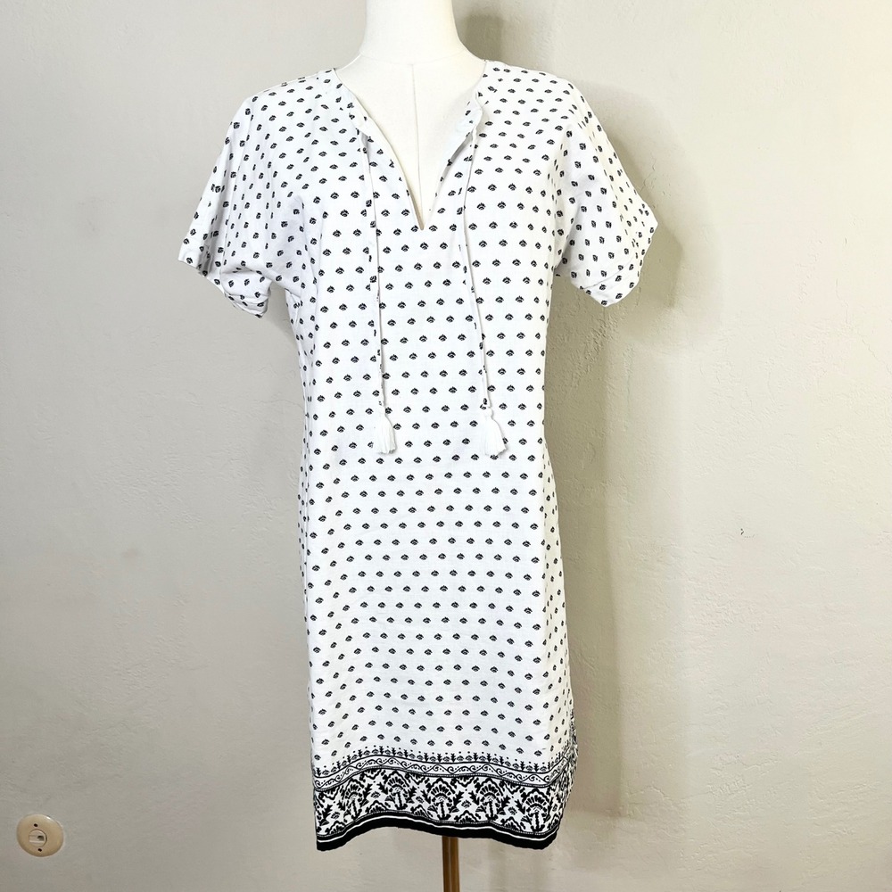 Vineyard Vines Shift Dress Tunic Size 6 White Black Linen Cotton Tassel